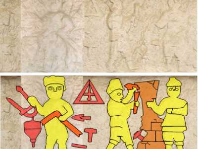 Un particolare rilievo � presente quasi sulla parte angolare del palazzo: tre figure maschili, due sulla destra e una sulla sinistra ritratte in un�ambiente di lavoro edile. Vi sono anche una serie di oggetti da lavoro usati dai muratori e naturalmente non mancano il compasso e la squadra, simboli per eccellenza della Massoneria e delle antiche corporazioni massoniche